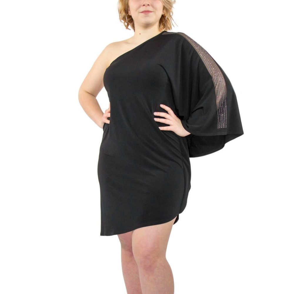 ALLEN B BY ALLEN SCHWARTZ WOMEN'S ONE SHOULDER EMBELLISHED BLACK DRESS Large